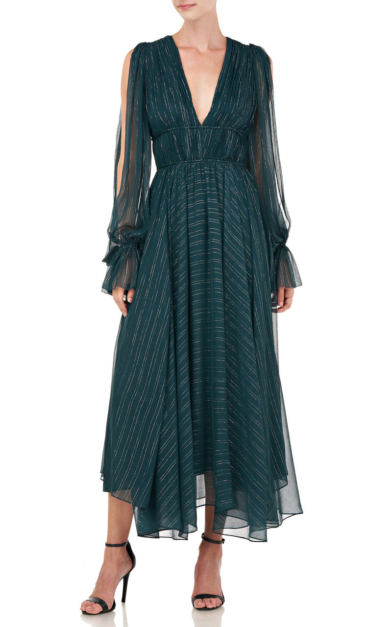 Heidi Deep Emerald Green Plunging Deep V-Neck Metallic Stripe Long Sleeve Silk Dress