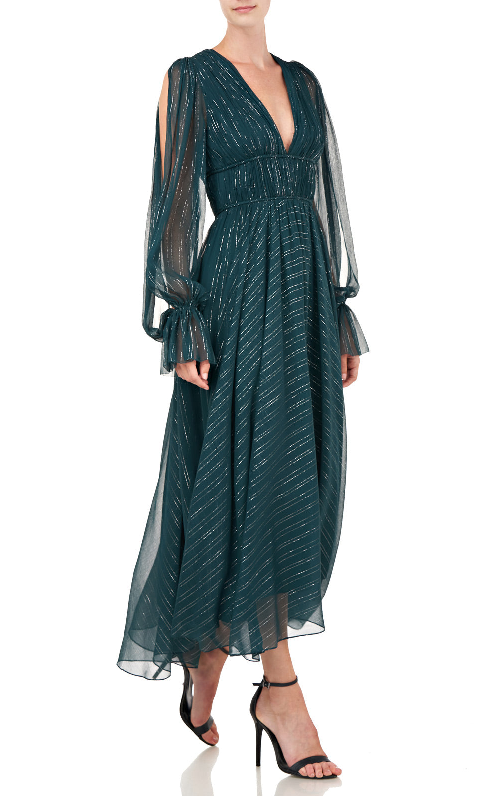 Heidi Deep Emerald Green Plunging Deep V-Neck Metallic Stripe Long Sleeve Silk Dress