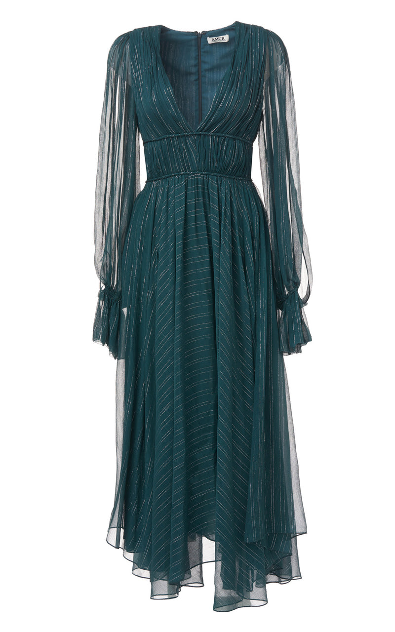 Heidi Deep Emerald Green Plunging Deep V-Neck Metallic Stripe Long Sleeve Silk Dress