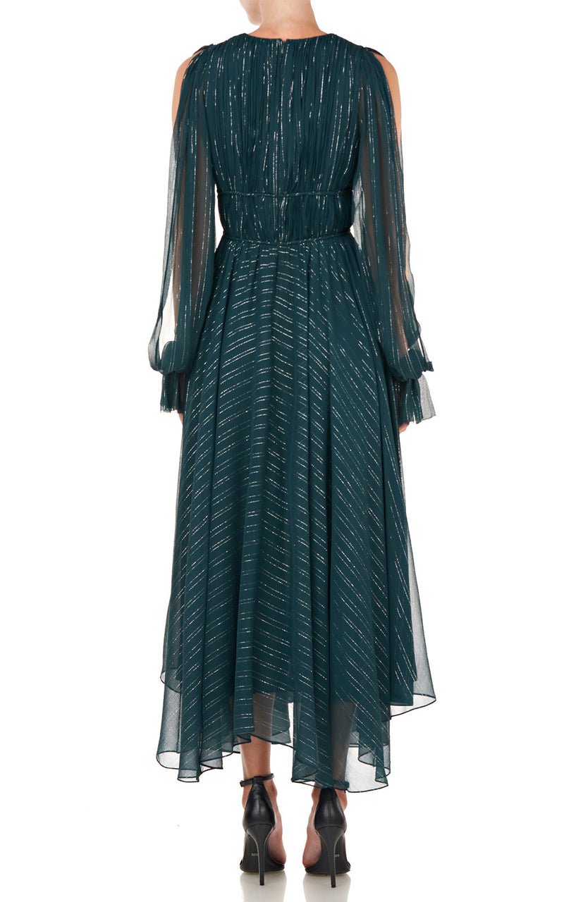 Heidi Deep Emerald Green Plunging Deep V-Neck Metallic Stripe Long Sleeve Silk Dress