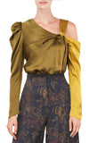 Mabel Ochre/Moss Two-Tone Twisted Cold-Shoulder Silk Long Sleeve Top