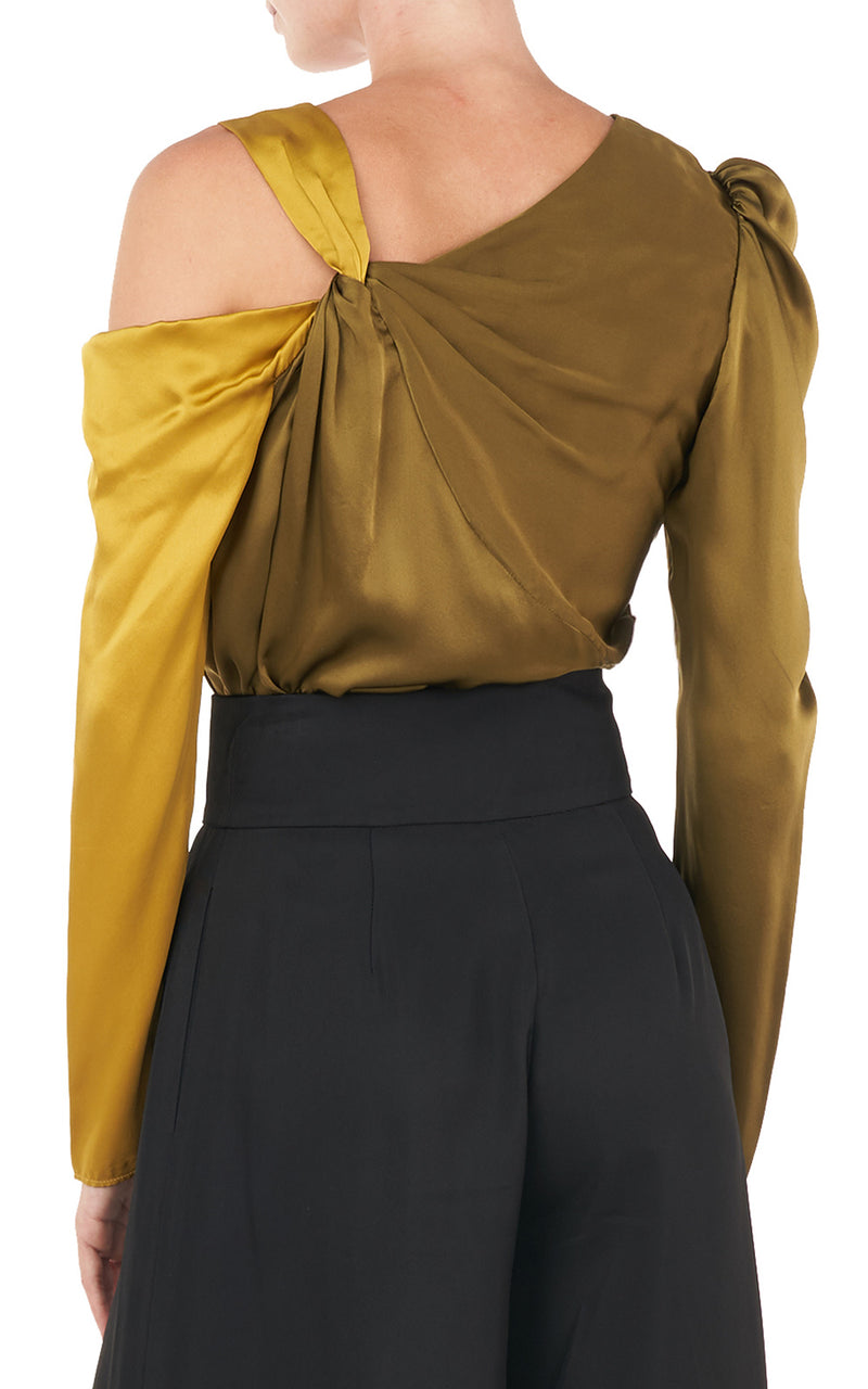 Mabel Ochre/Moss Two-Tone Twisted Cold-Shoulder Silk Long Sleeve Top
