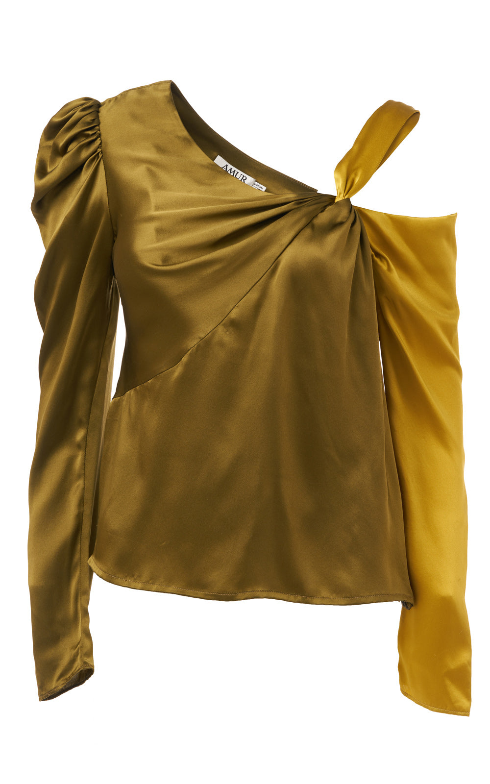 Mabel Ochre/Moss Two-Tone Twisted Cold-Shoulder Silk Long Sleeve Top