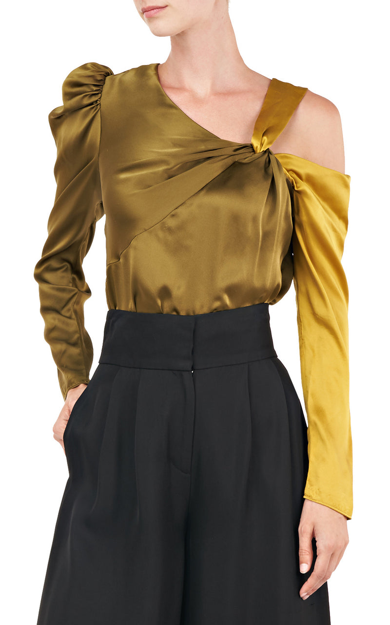Mabel Ochre/Moss Two-Tone Twisted Cold-Shoulder Silk Long Sleeve Top