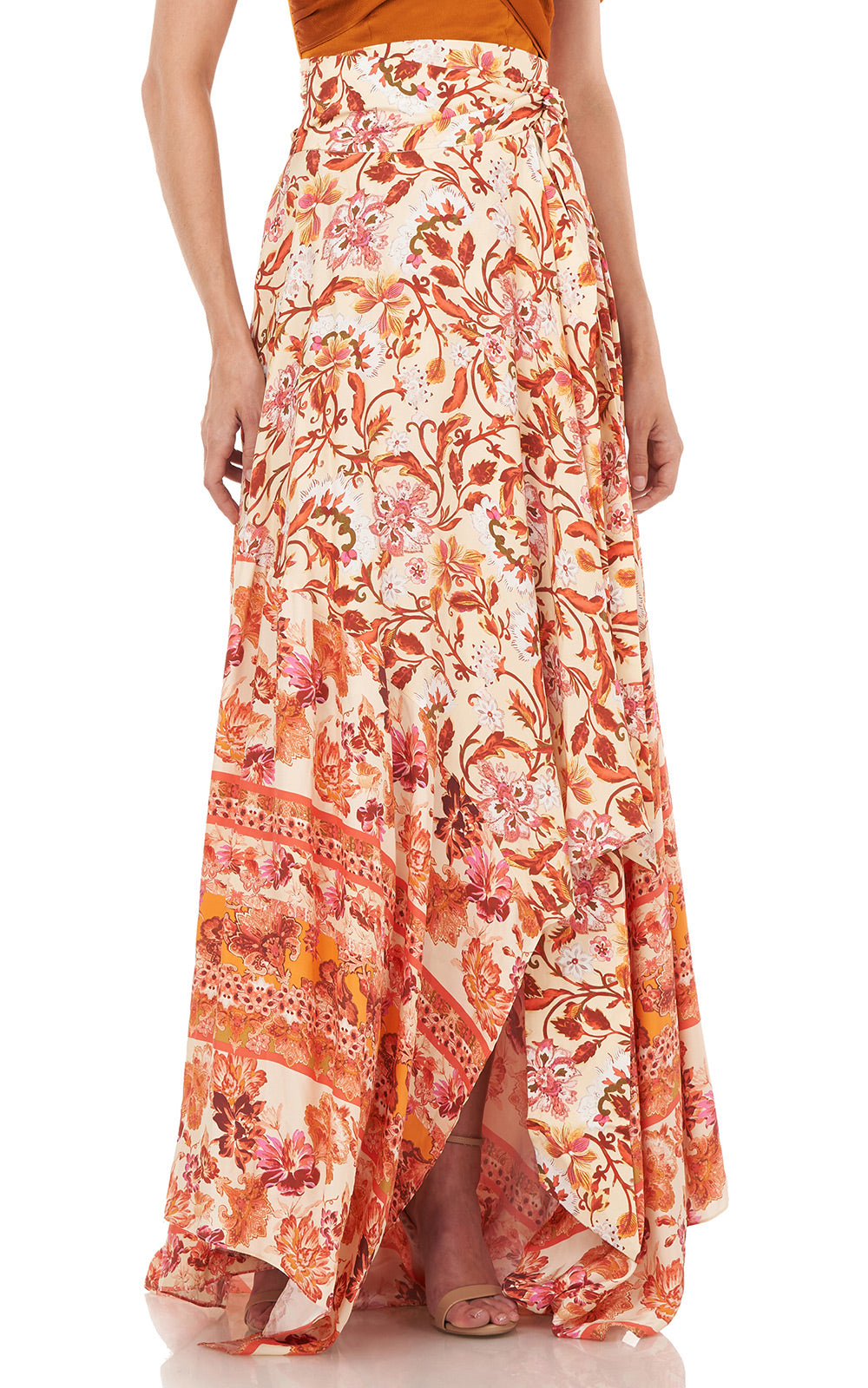 AMUR Bright Floral Nova High Waisted Front Tie Silk Handkerchief Skirt