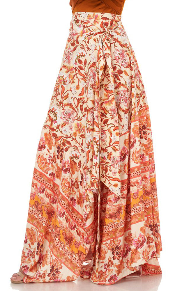 AMUR Bright Floral Nova High Waisted Front Tie Silk Handkerchief Skirt
