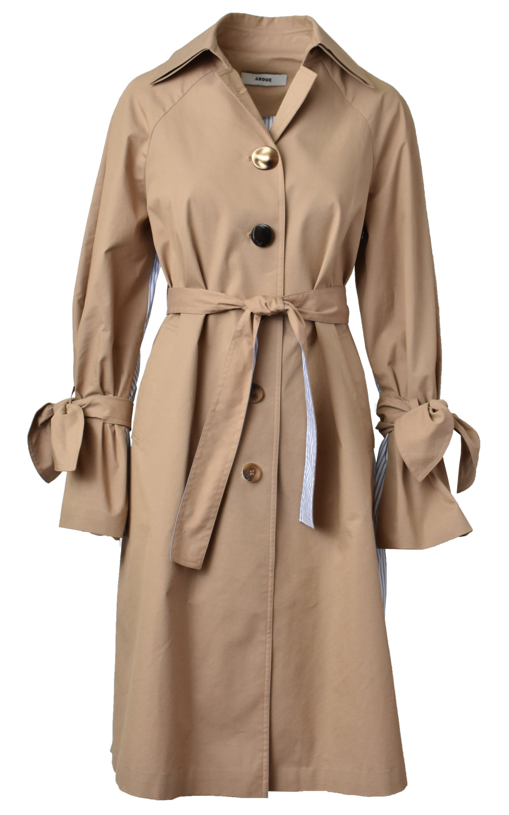Front/Back Khaki & Seersucker Wrist Tie Trench Coat Khaki/Blue Stripe