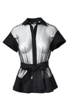 Black Mesh Button Front Short Sleeve Tie Waist Top