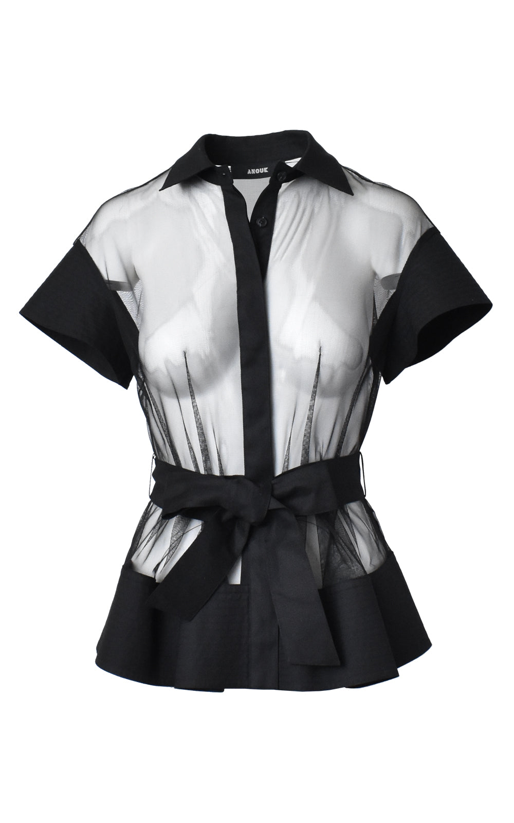 Black Mesh Button Front Short Sleeve Tie Waist Top