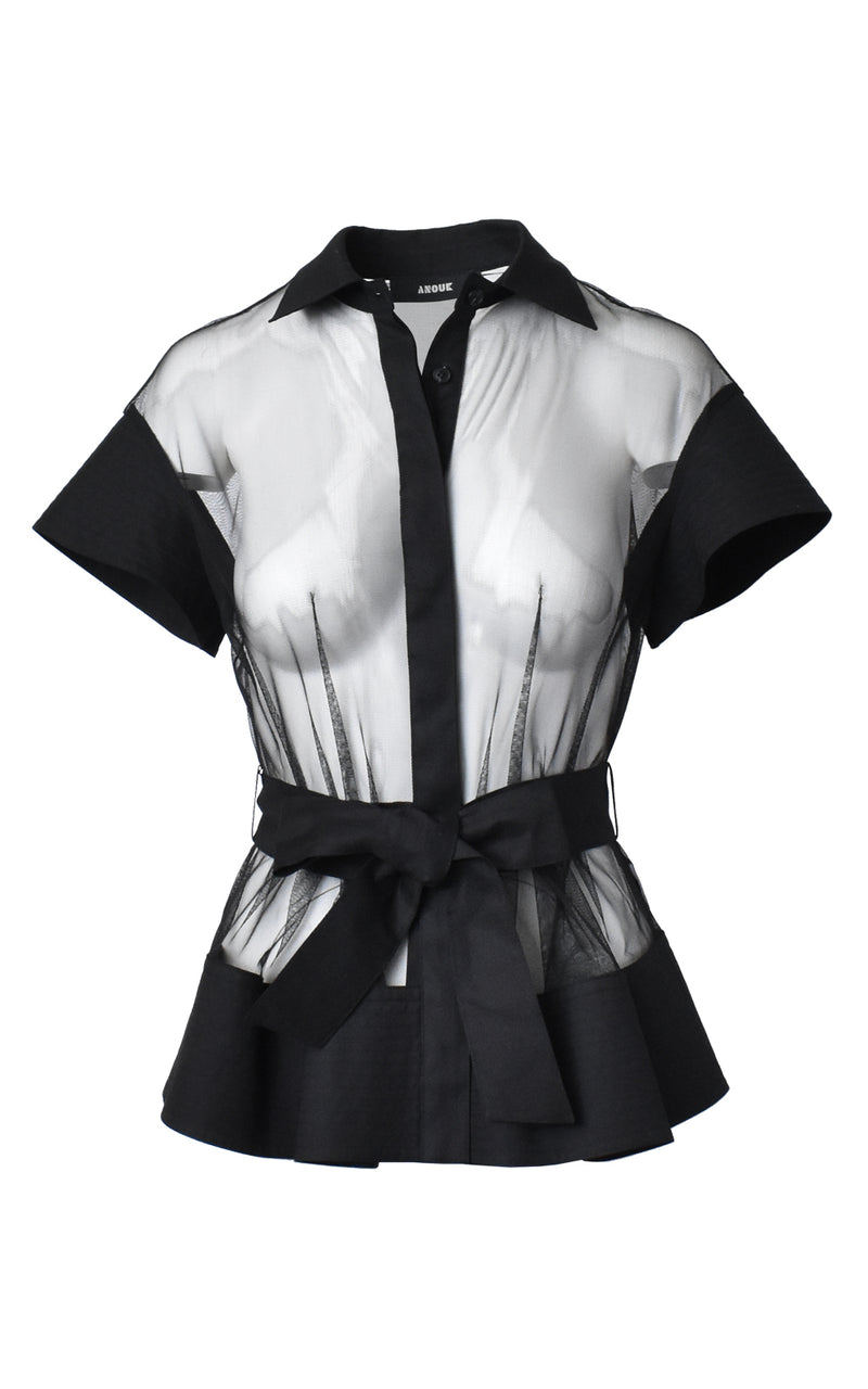 Black Mesh Button Front Short Sleeve Tie Waist Top