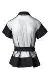 Black Mesh Button Front Short Sleeve Tie Waist Top