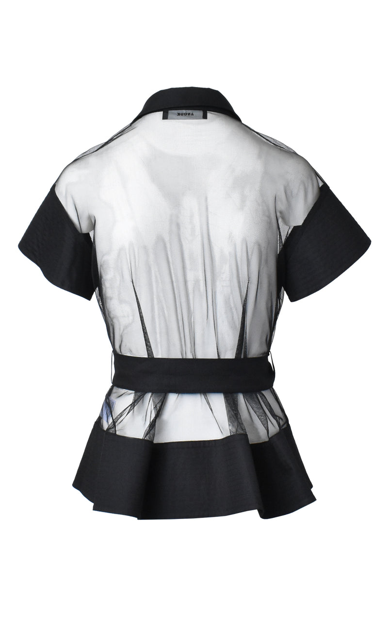 Black Mesh Button Front Short Sleeve Tie Waist Top