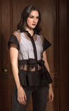 Black Mesh Button Front Short Sleeve Tie Waist Top