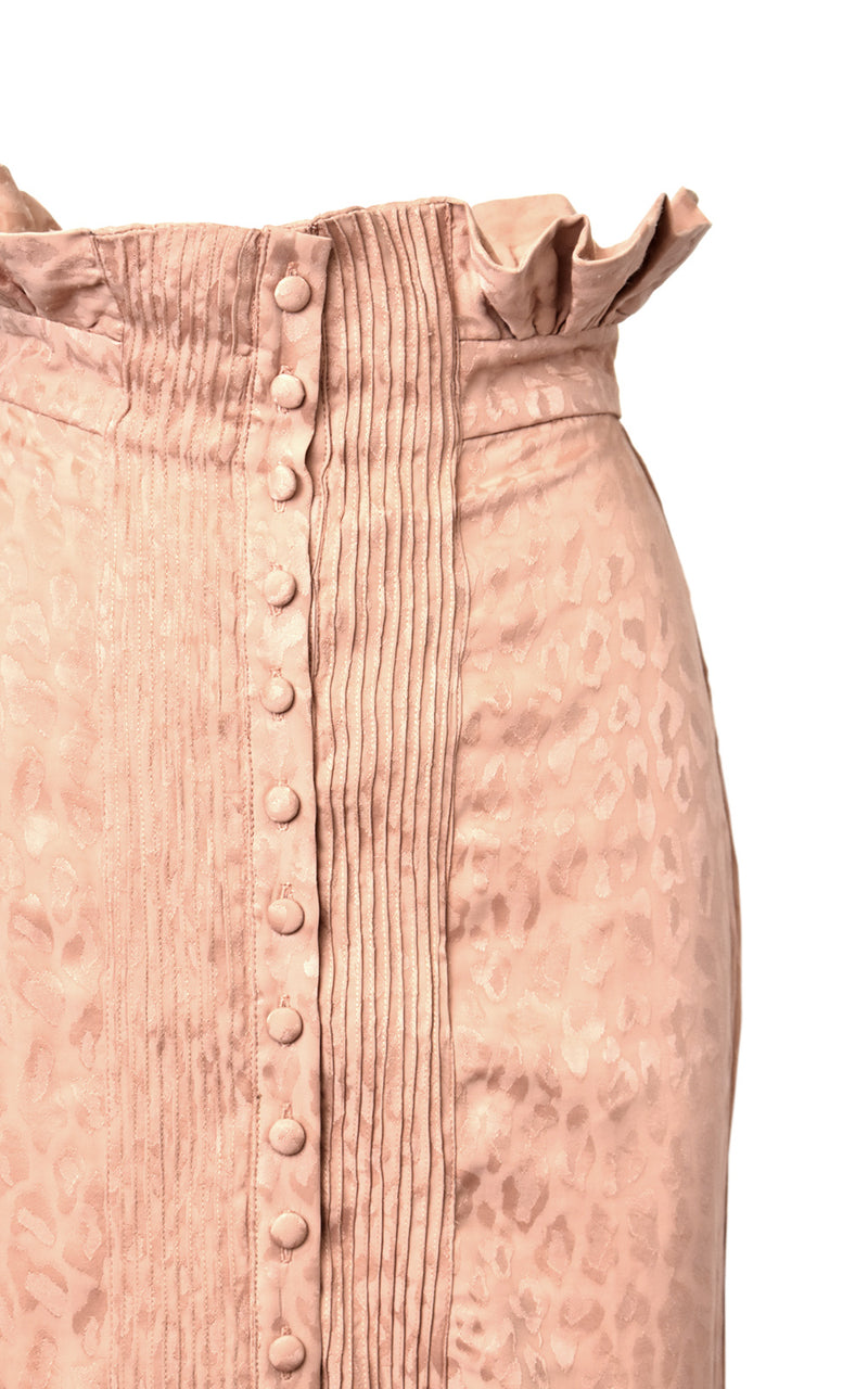 AZULU Almond Pink Leopard Cassie High Waisted Paper Bag Leopard Pin Tuck Midi Skirt