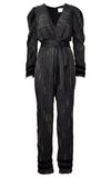 Azulu Black Metallic Stripe Mock Wrap V-Neck Long Sleeve Jumpsuit