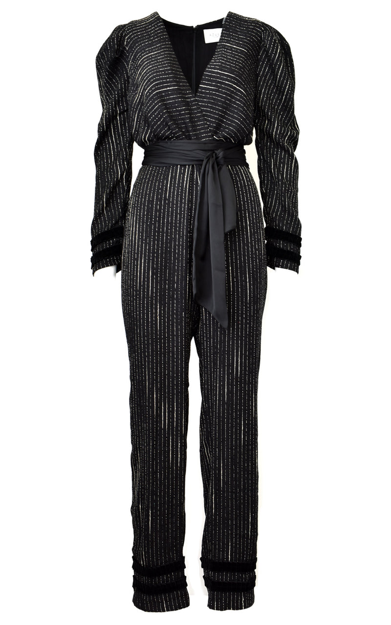 Azulu Black Metallic Stripe Mock Wrap V-Neck Long Sleeve Jumpsuit