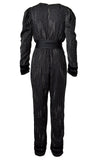 Azulu Black Metallic Stripe Mock Wrap V-Neck Long Sleeve Jumpsuit