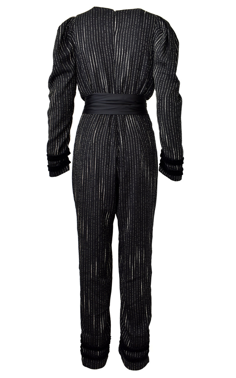 Azulu Black Metallic Stripe Mock Wrap V-Neck Long Sleeve Jumpsuit