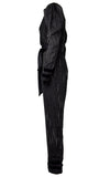 Azulu Black Metallic Stripe Mock Wrap V-Neck Long Sleeve Jumpsuit
