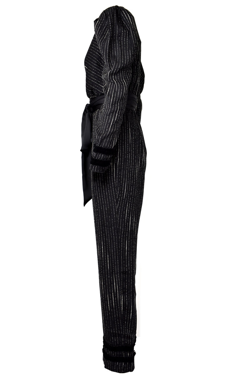 Azulu Black Metallic Stripe Mock Wrap V-Neck Long Sleeve Jumpsuit
