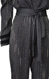 Azulu Black Metallic Stripe Mock Wrap V-Neck Long Sleeve Jumpsuit