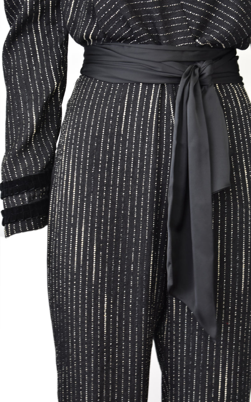 Azulu Black Metallic Stripe Mock Wrap V-Neck Long Sleeve Jumpsuit