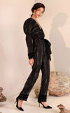 Azulu Black Metallic Stripe Mock Wrap V-Neck Long Sleeve Jumpsuit