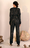 Azulu Black Metallic Stripe Mock Wrap V-Neck Long Sleeve Jumpsuit