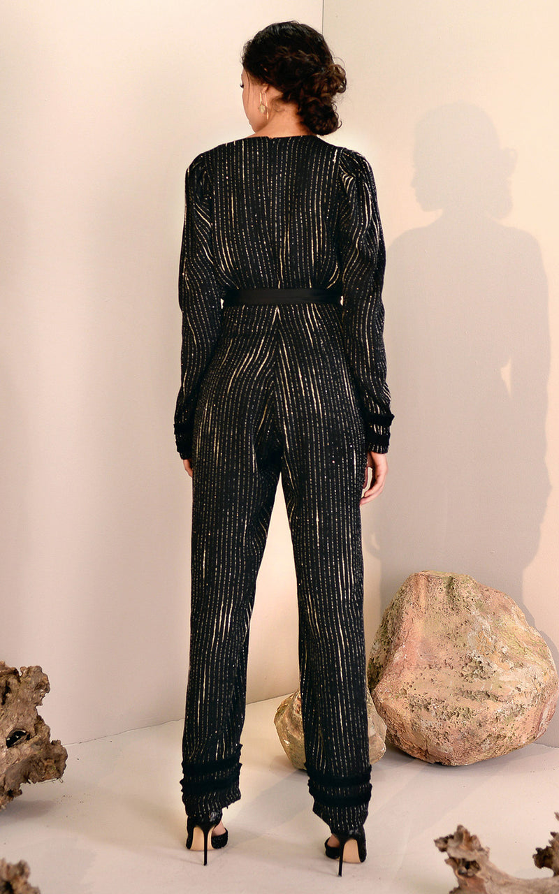 Azulu Black Metallic Stripe Mock Wrap V-Neck Long Sleeve Jumpsuit