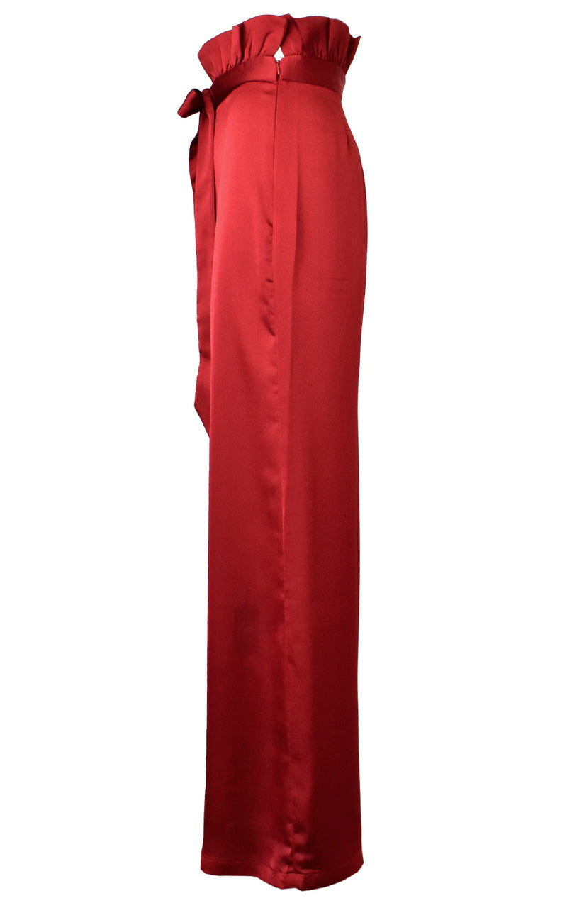 Azulu Maui Red Wine Belted Waist Tie Wide Leg Paper Bag Pant