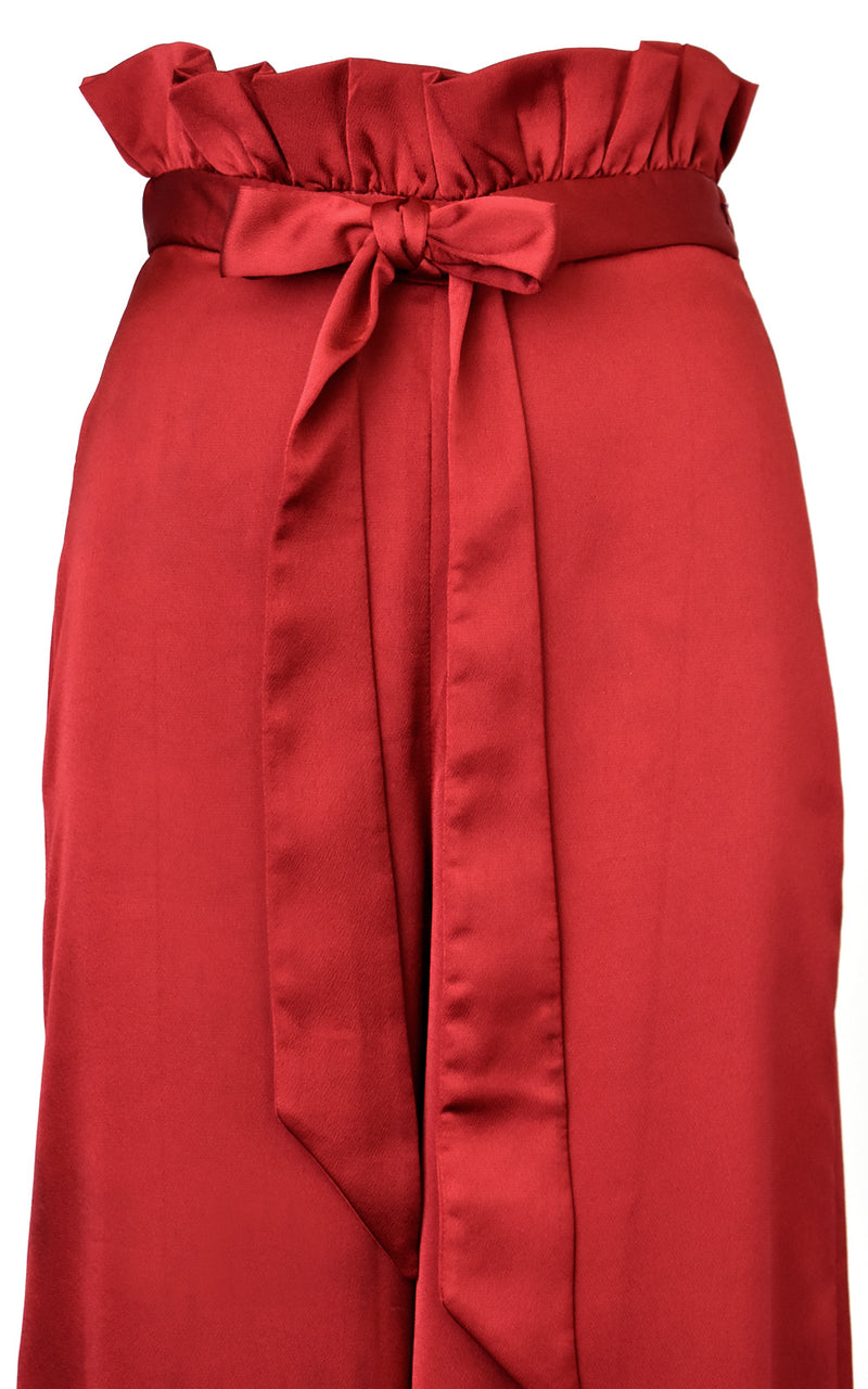 Azulu Maui Red Wine Belted Waist Tie Wide Leg Paper Bag Pant