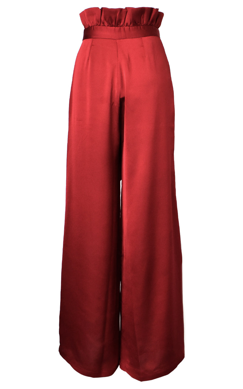 Azulu Maui Red Wine Belted Waist Tie Wide Leg Paper Bag Pant