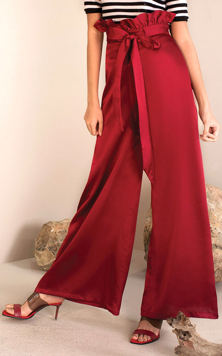 Azulu Maui Red Wine Belted Waist Tie Wide Leg Paper Bag Pant