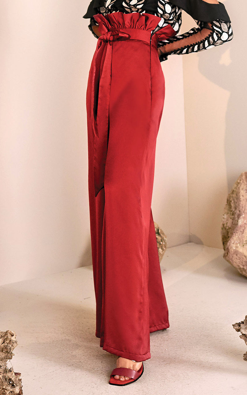 Azulu Maui Red Wine Belted Waist Tie Wide Leg Paper Bag Pant