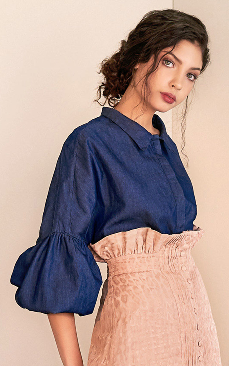 Azulu Moonlight Chambray Denim Button Up Puff Sleeve Blouse