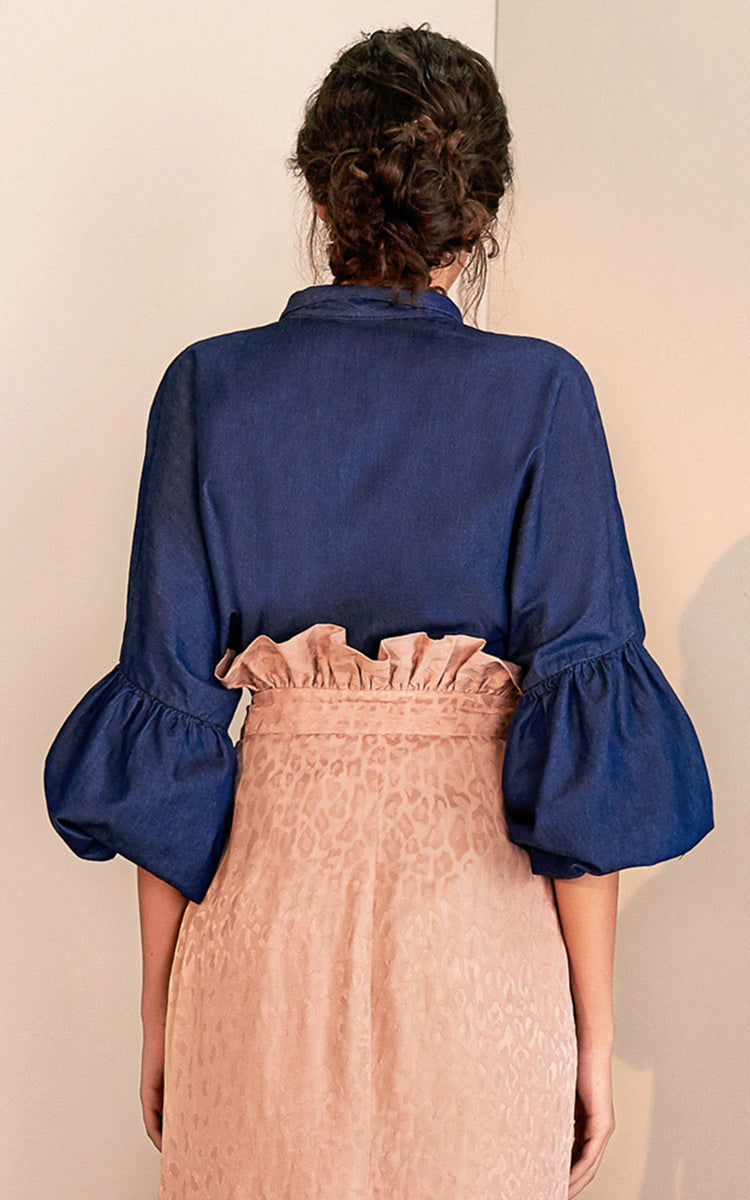 Azulu Moonlight Chambray Denim Button Up Puff Sleeve Blouse