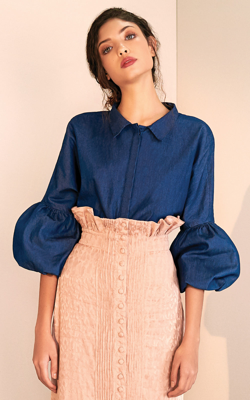 Azulu Moonlight Chambray Denim Button Up Puff Sleeve Blouse