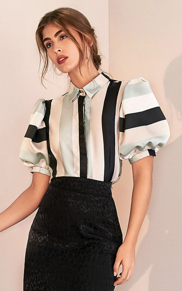 Azulu Samoa Button Up Puff Sleeve Black Stripe Blouse