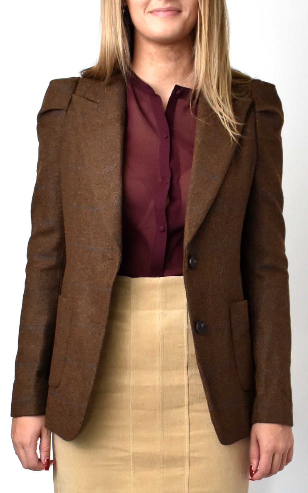 Monet Plaid Puff Shoulder Blazer