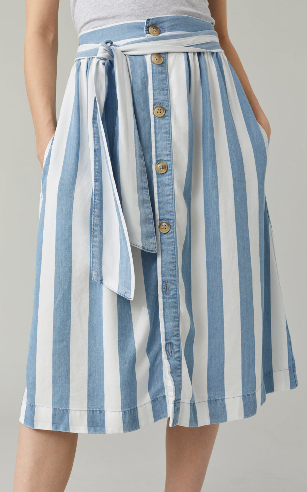 CLOSED Gillian Striped Tie Button Front Midi Skirt Light Blue Stripe