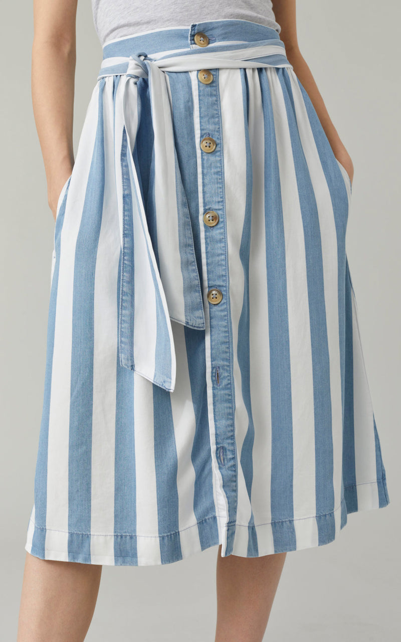 CLOSED Gillian Striped Tie Button Front Midi Skirt Light Blue Stripe