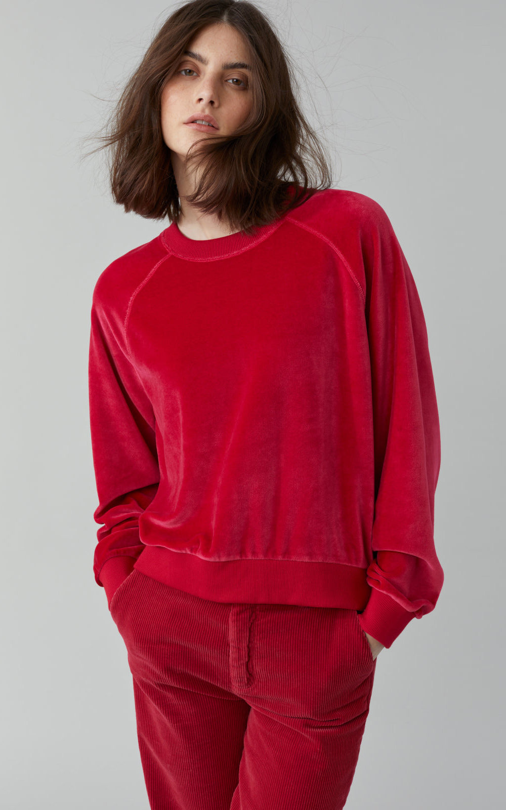 Nicki Seude Ruby Red Raglan Sleeve Velvet Sweatshirt