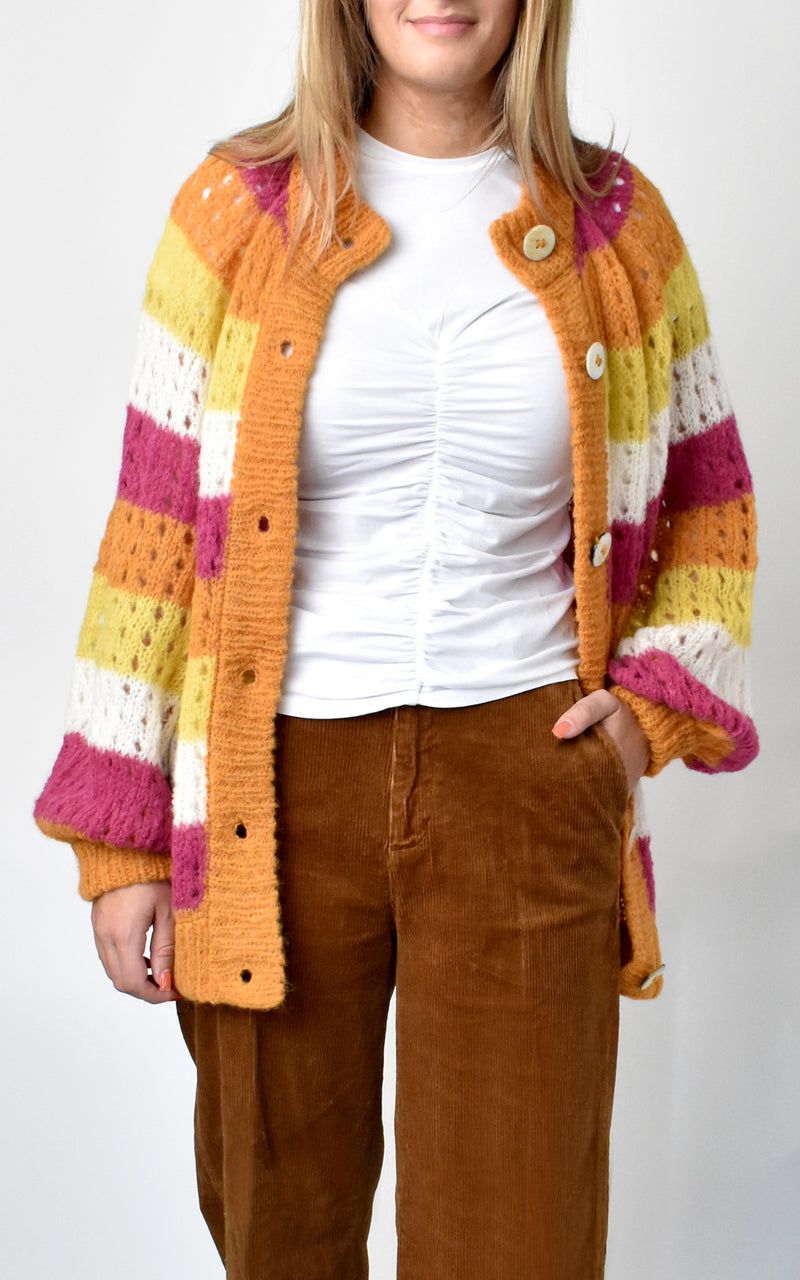 Stella Pardo Esme Loose Knit Oversized Alpaca Wool Cardigan Burnt Orange Stripe