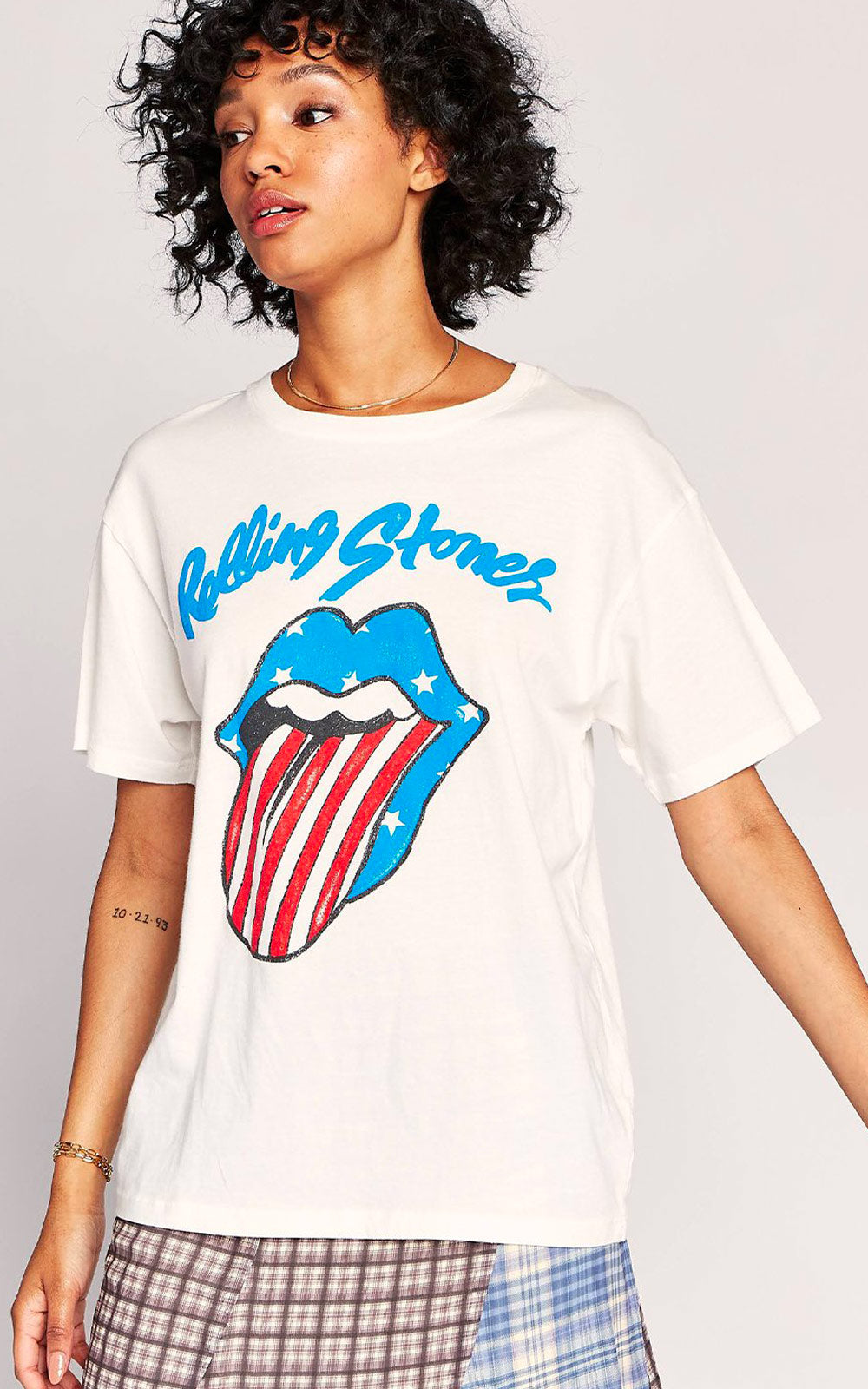 Daydreamer Rolling Stones Stars and Stripes Tongue Boyfriend Band Tee White