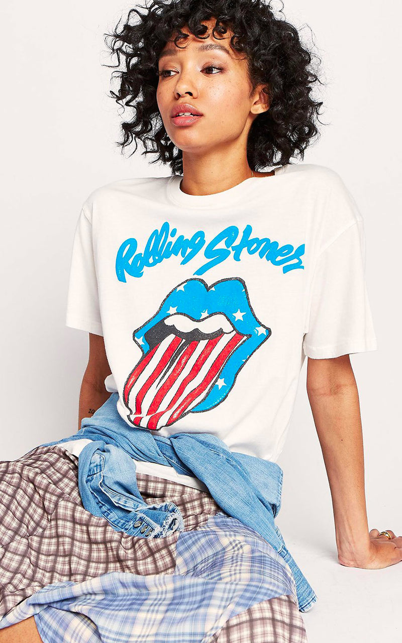 Daydreamer Rolling Stones Stars and Stripes Tongue Boyfriend Band Tee White