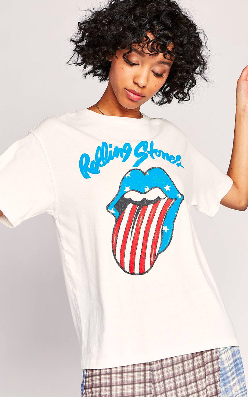 Daydreamer Rolling Stones Stars and Stripes Tongue Boyfriend Band Tee White