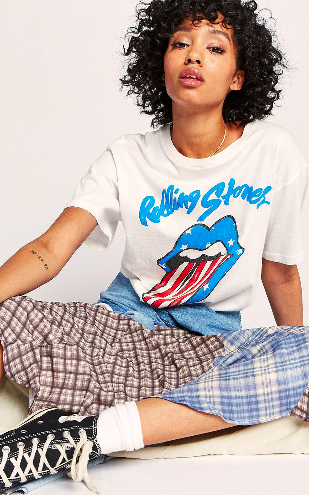 Daydreamer Rolling Stones Stars and Stripes Tongue Boyfriend Band Tee White