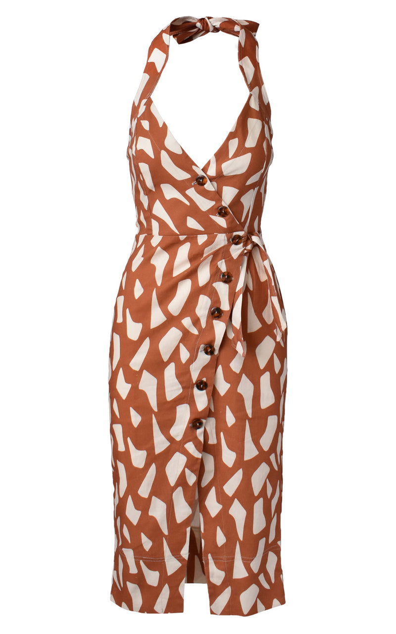 Ellejay Giraffe Print Halter Tie Button Front Midi Dress