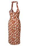 Ellejay Giraffe Print Halter Tie Button Front Midi Dress