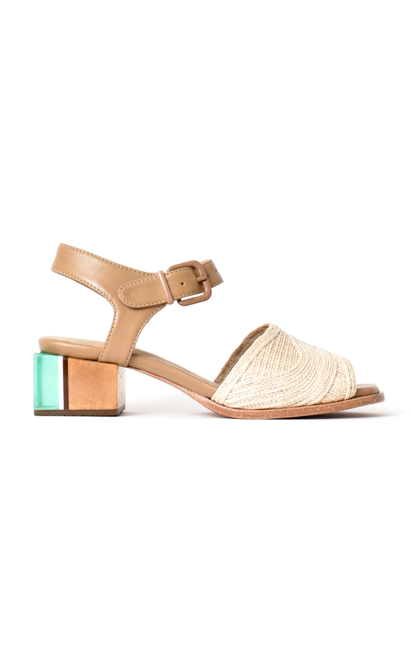 Ferri Acrylic & Wood Heel Natural Straw Raffia Sandal